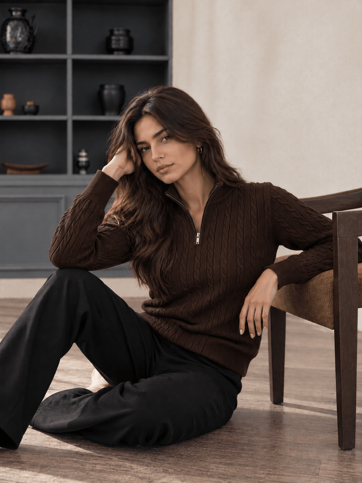 Women Cable Knit Quarter-Zip Cardigan - Aurorafits Official