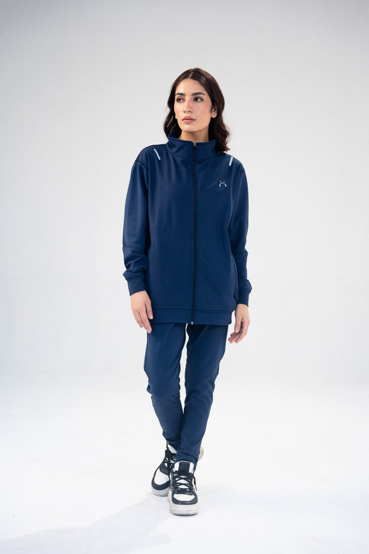 Women Navy Blue Reflective Essential Tracksuit - Aurorafitsofficial