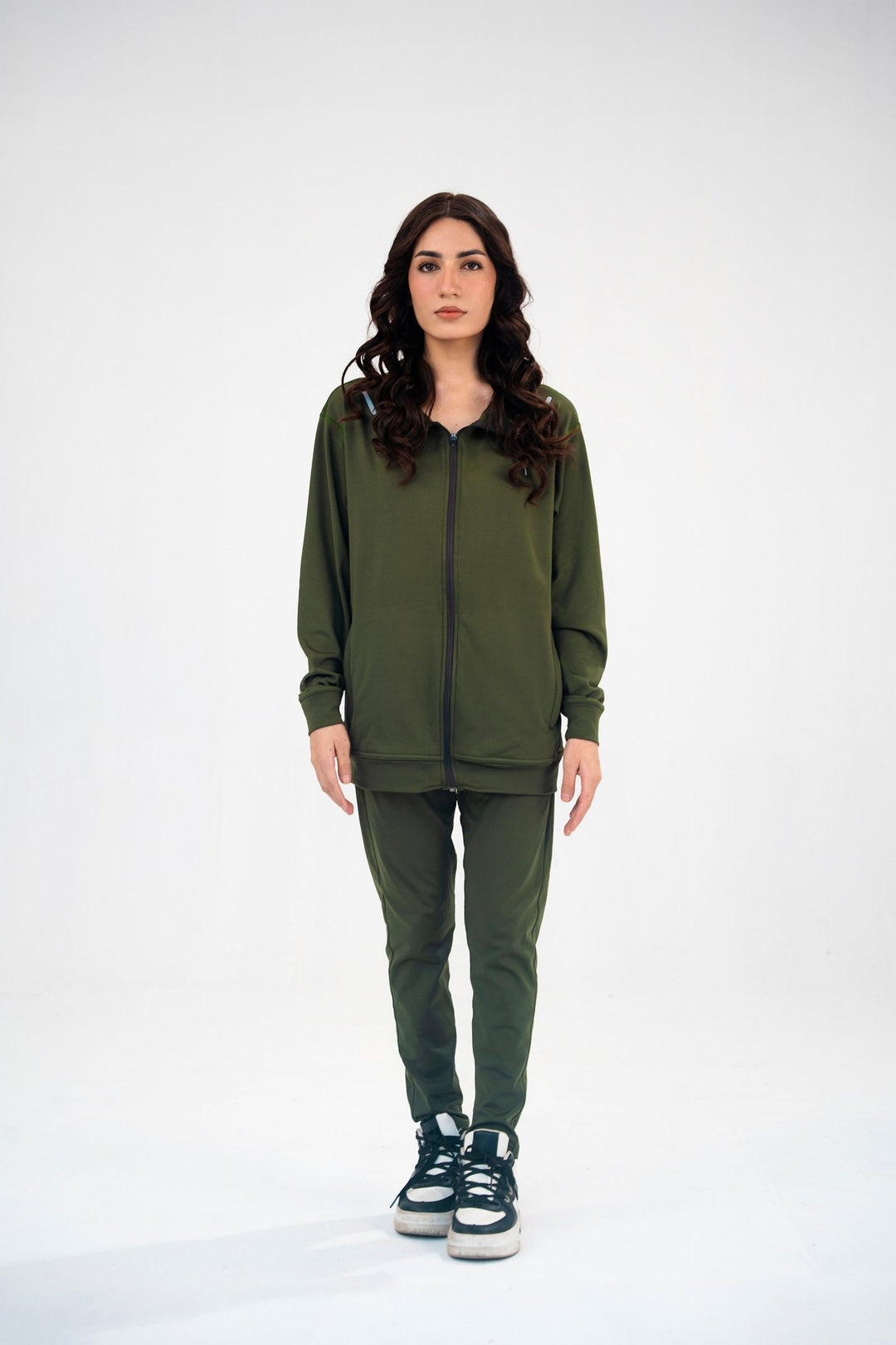 Women Olive Green Reflective Essential Tracksuit - Aurorafitsofficial