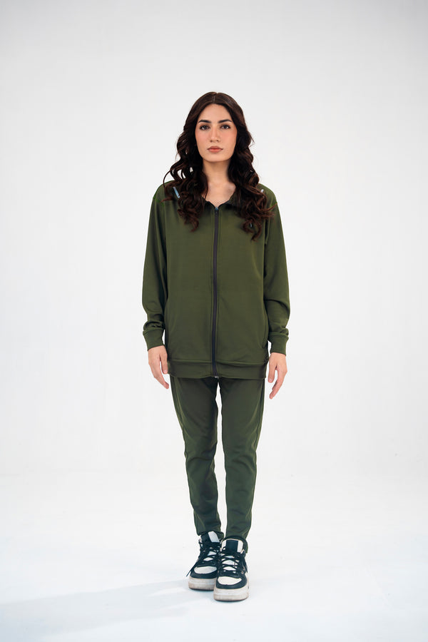 Women Olive Green Reflective Essential Tracksuit