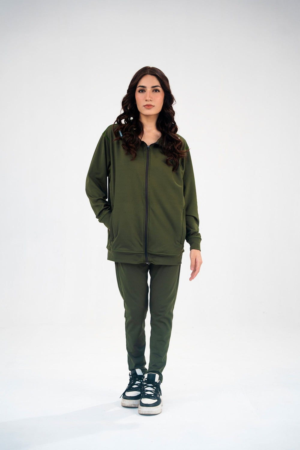 Women Olive Green Reflective Essential Tracksuit - Aurorafitsofficial