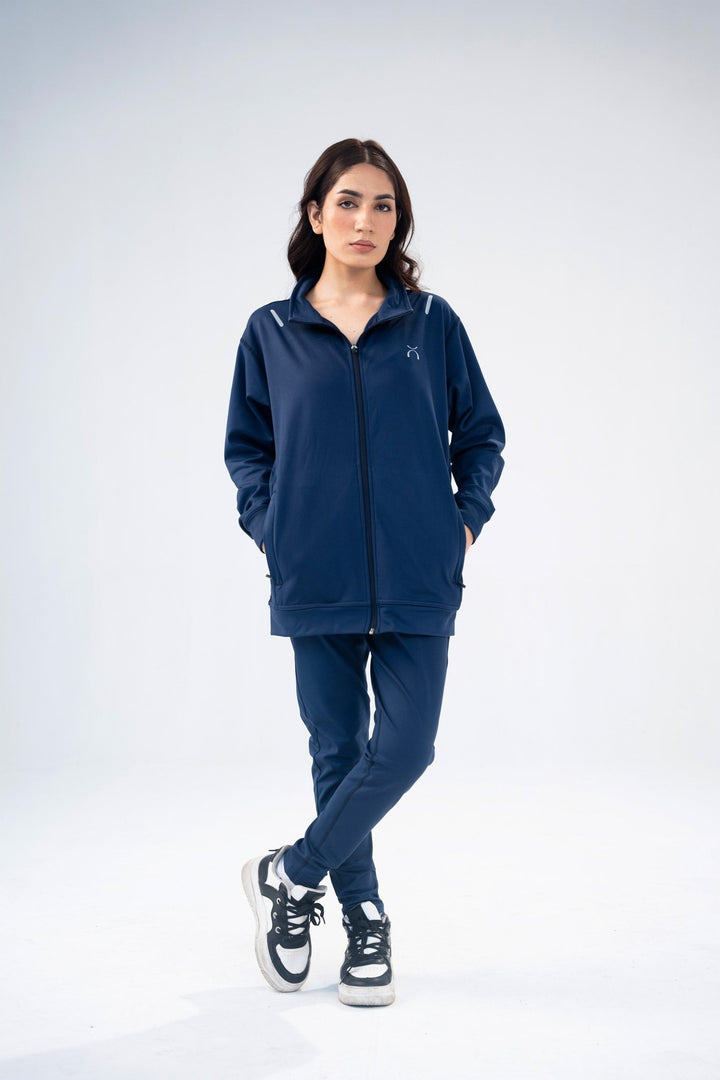 Women Navy Blue Reflective Essential Tracksuit - Aurorafitsofficial