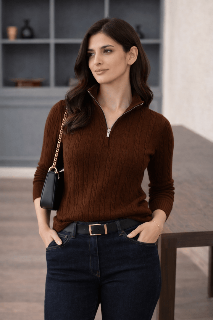 Women Cable Knit Quarter - Zip Cardigan - Aurorafits Official