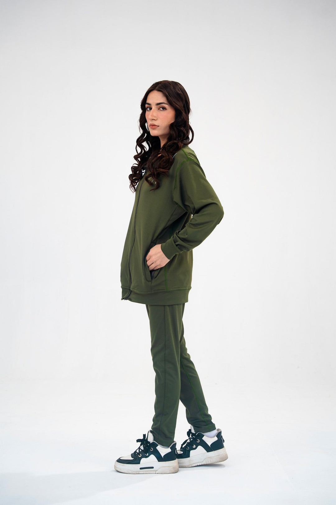 Women Olive Green Reflective Essential Tracksuit - Aurorafitsofficial