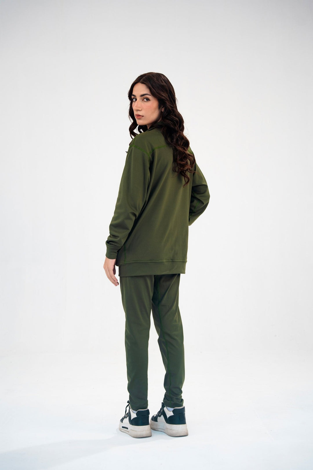 Women Olive Green Reflective Essential Tracksuit - Aurorafitsofficial