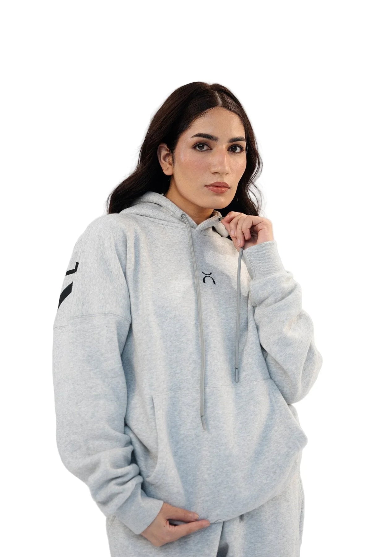 Women Heather Grey Drop Shoulder Fleece Hoodie - Aurorafitsofficial