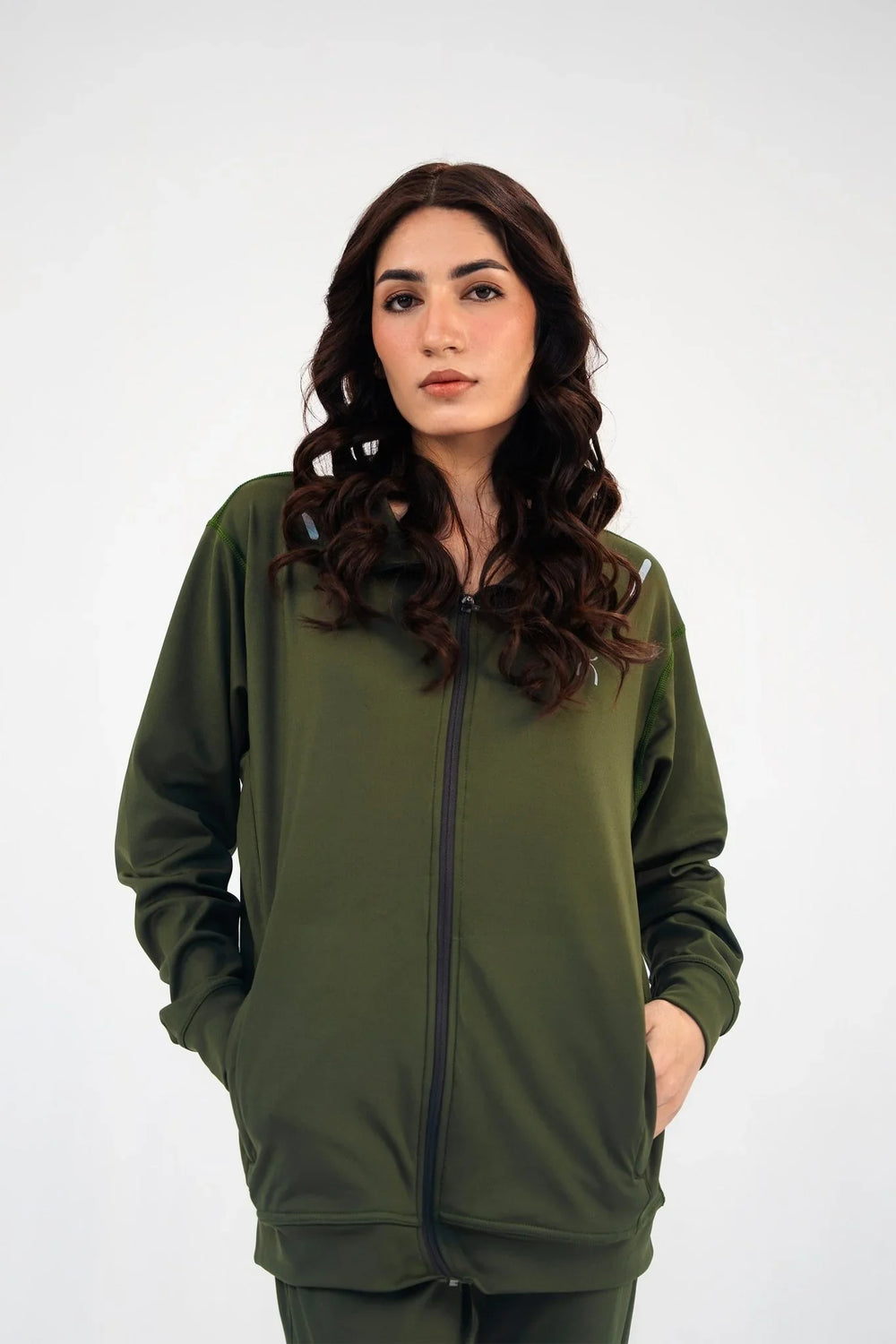 Women Olive Green Reflective Essential Tracksuit - Aurorafitsofficial