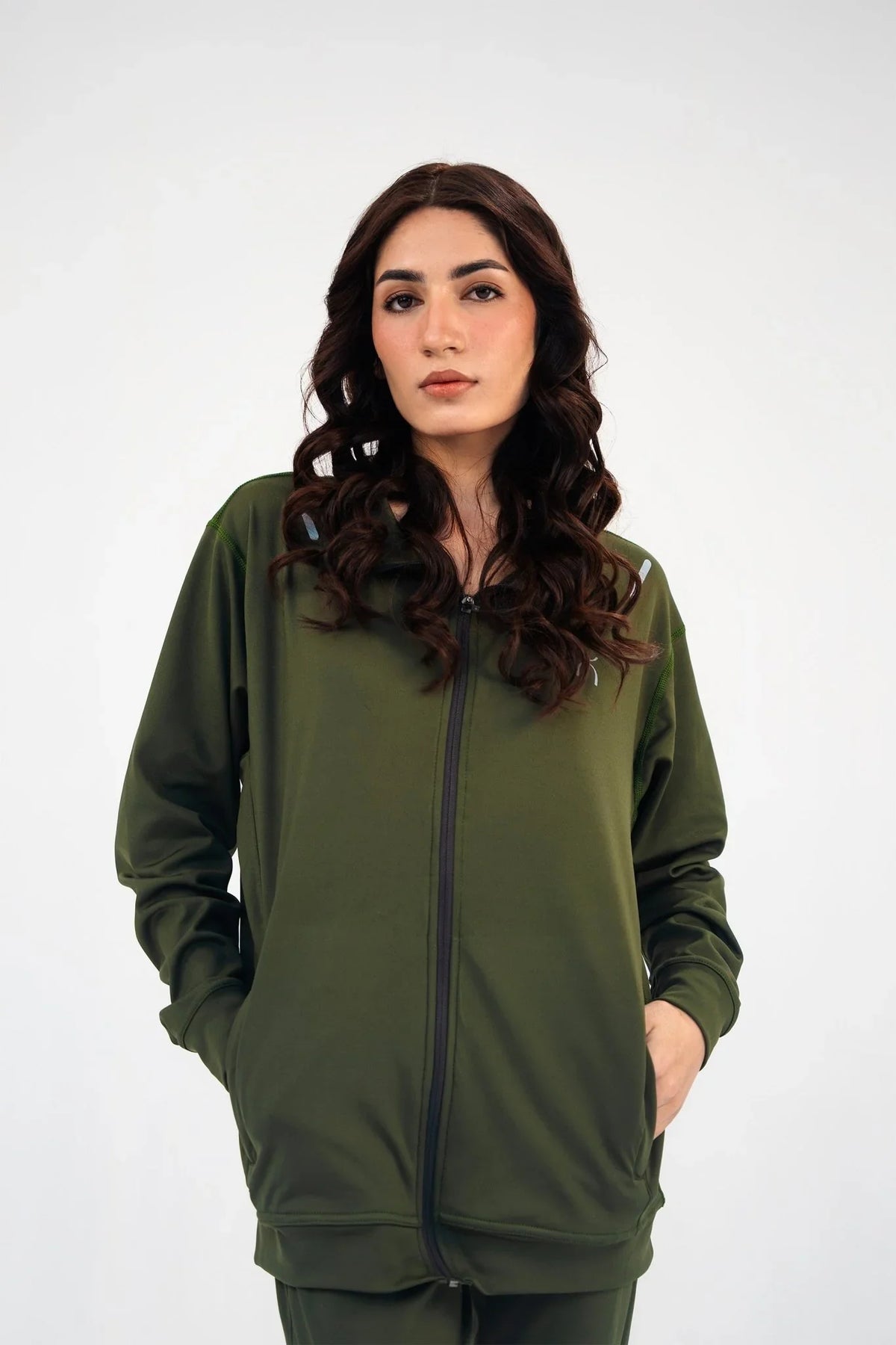 Women Olive Green Reflective Essential Tracksuit - Aurorafitsofficial