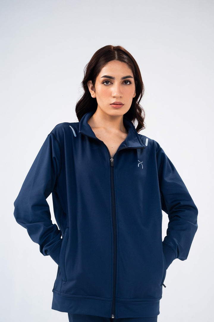 Women Navy Blue Reflective Essential Tracksuit - Aurorafitsofficial