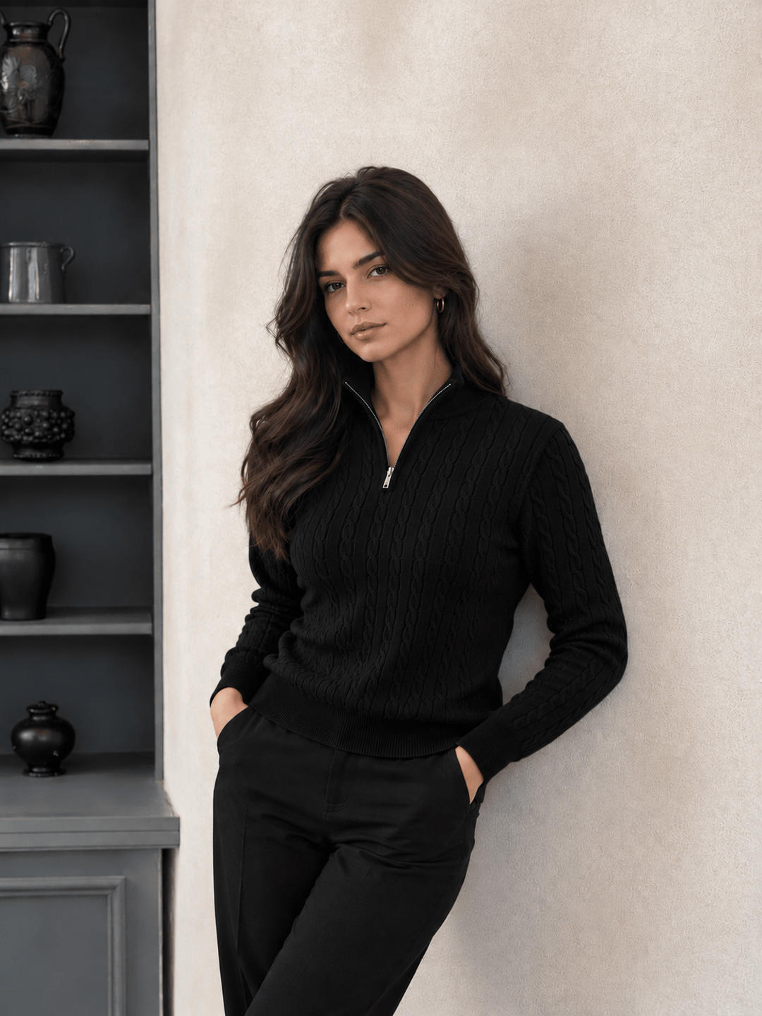Women Cable Knit Quarter-Zip Cardigan - Aurorafits Official