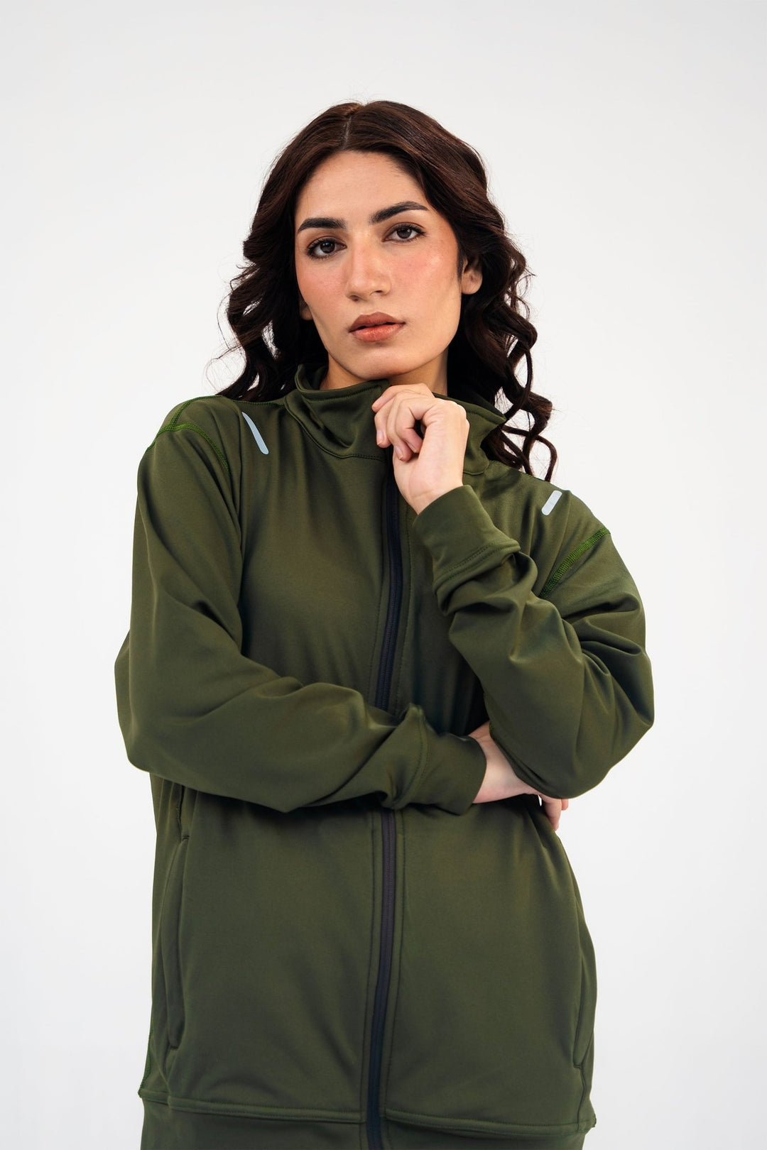 Women Olive Green Reflective Essential Tracksuit - Aurorafitsofficial