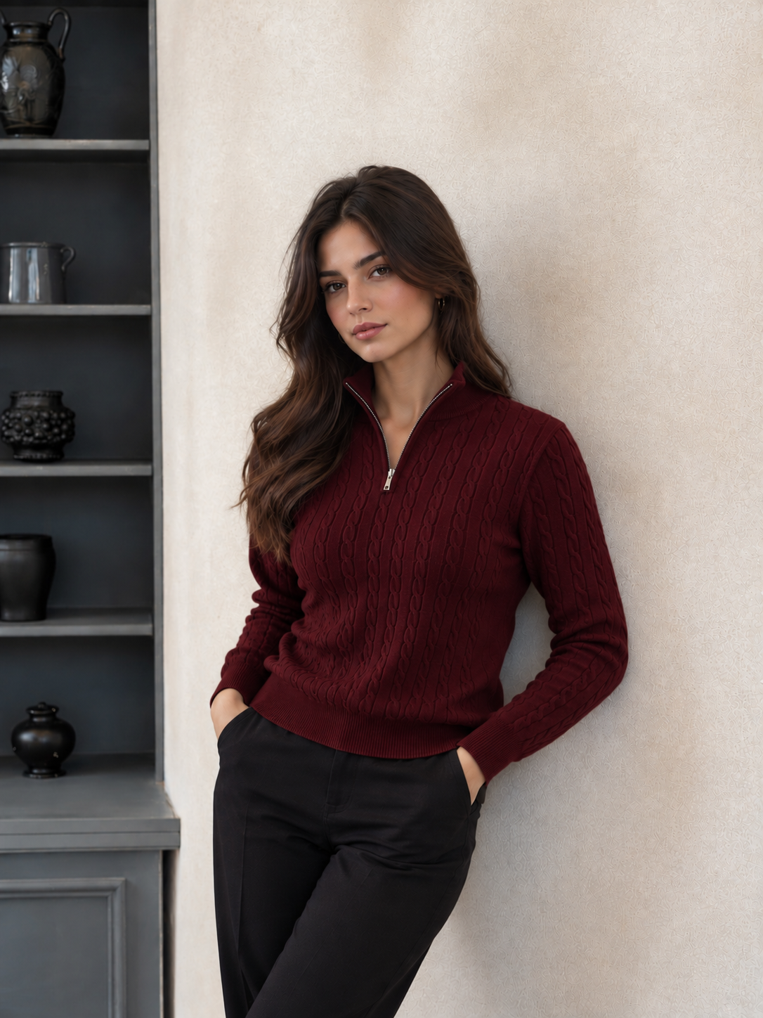 Women Cable Knit Quarter-Zip Cardigan
