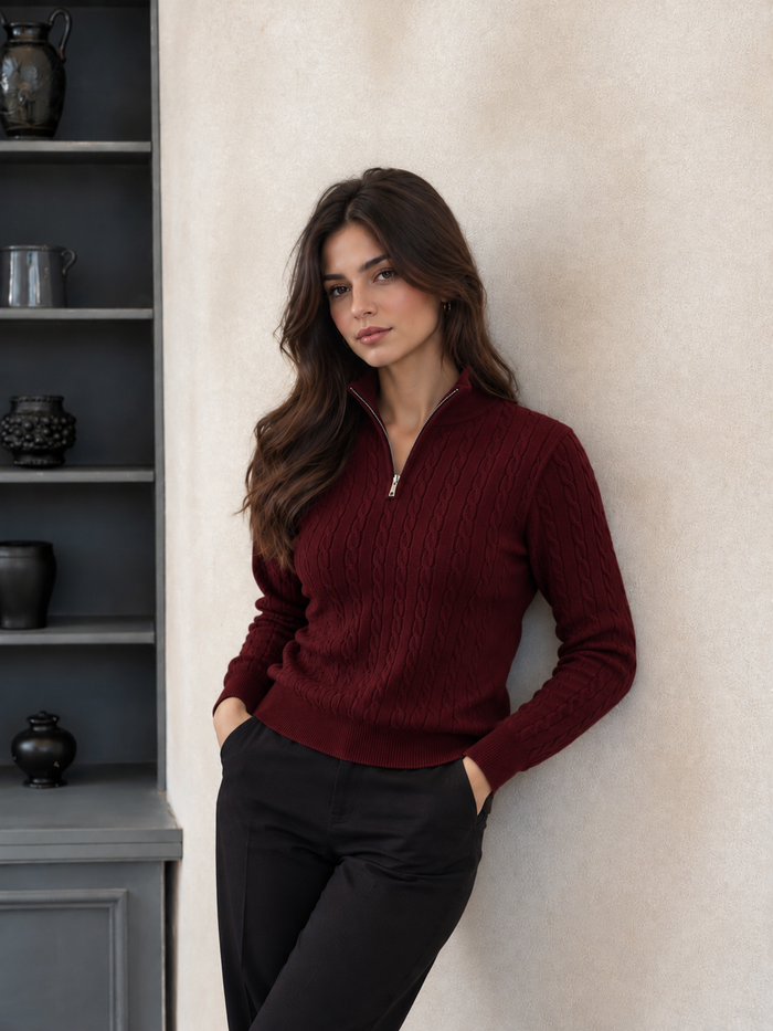 Women Cable Knit Quarter-Zip Cardigan