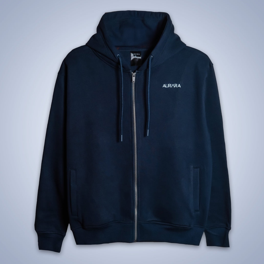 Navy Blue Zipper Fleece Hoodie - Aurorafitsofficial
