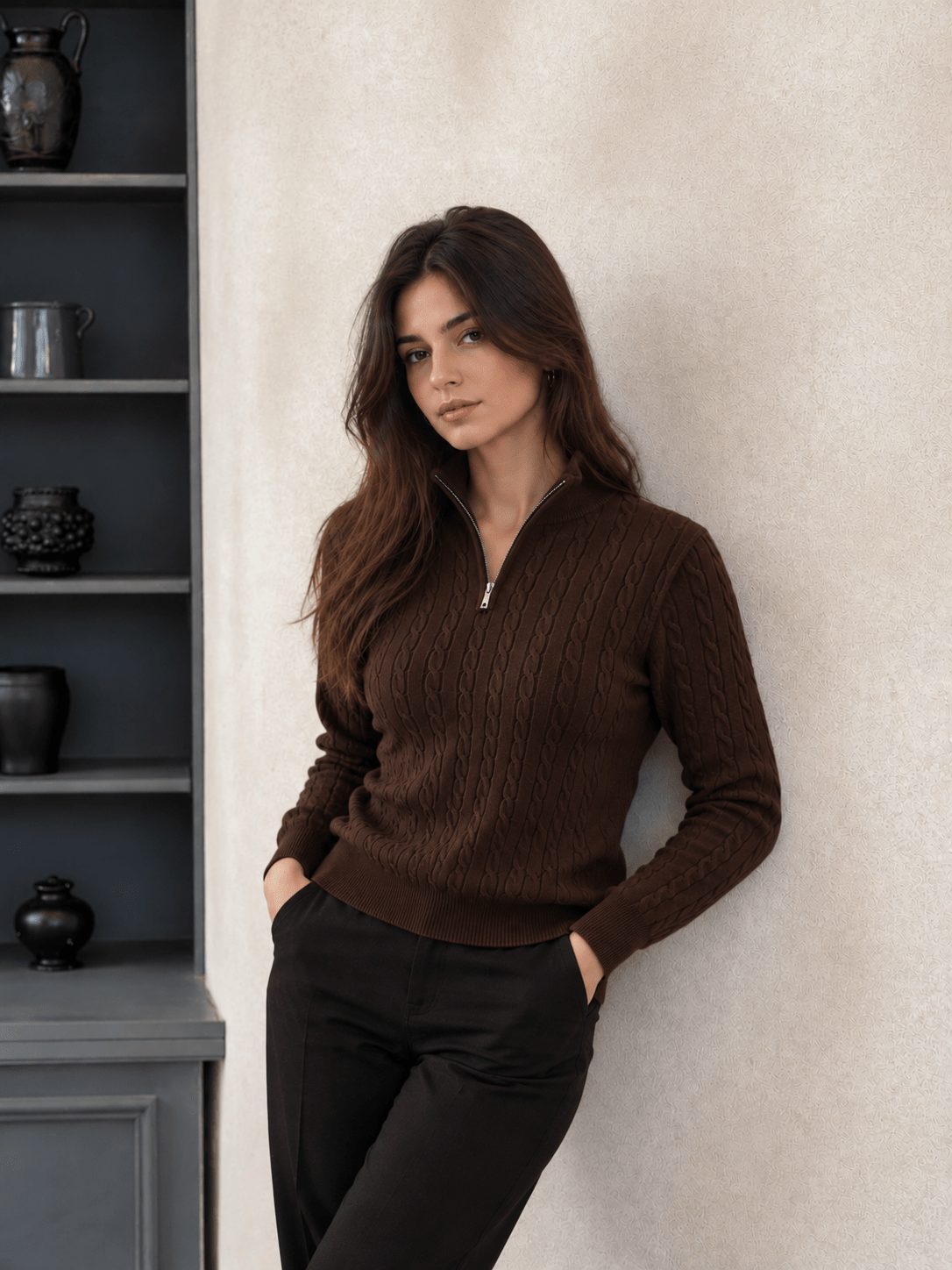 Women Cable Knit Quarter-Zip Cardigan - Aurorafits Official