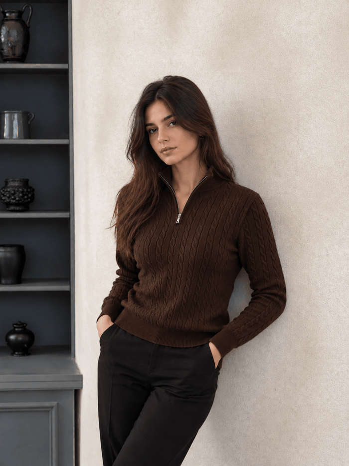 Women Cable Knit Quarter-Zip Cardigan
