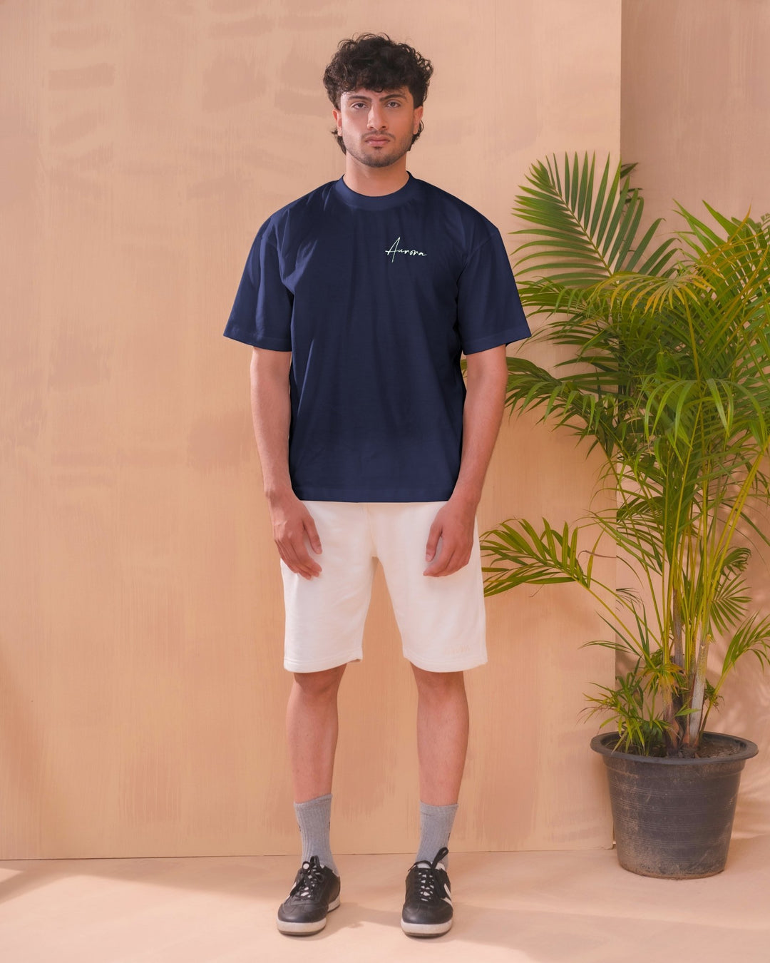Navy Blue Oversized Signature Tee - Aurorafitsofficial