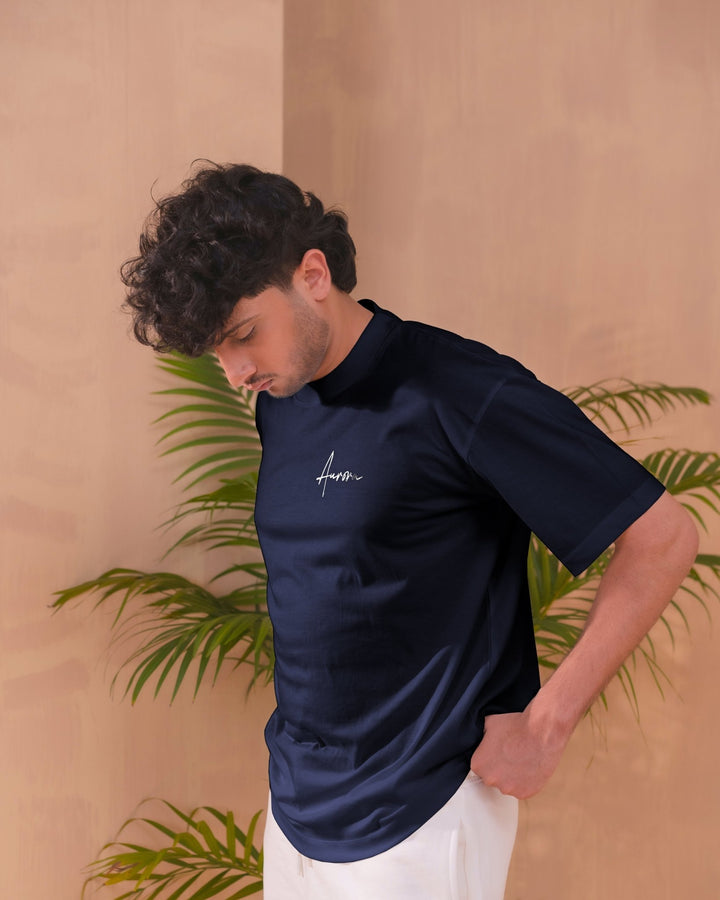 Navy Blue Oversized Signature Tee - Aurorafitsofficial