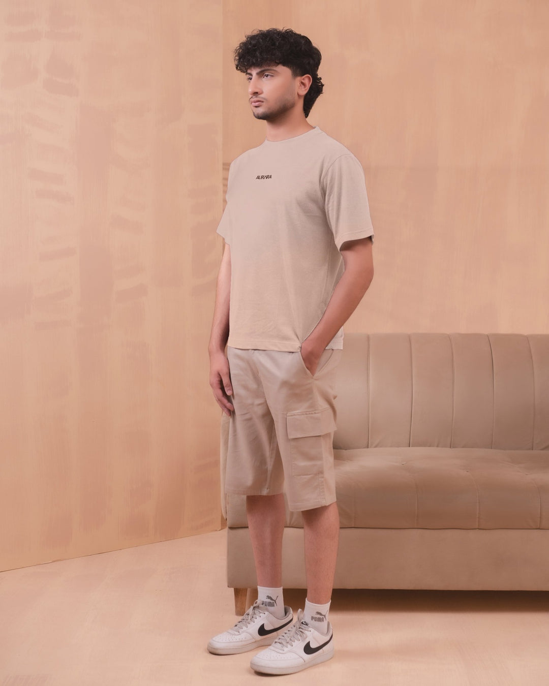 Beige Essential Print Tee - Aurorafitsofficial