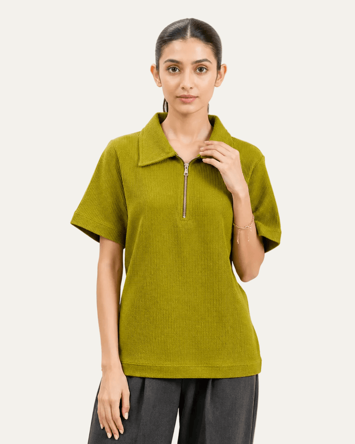 Women Textured Zip Polo - Aurorafits Official