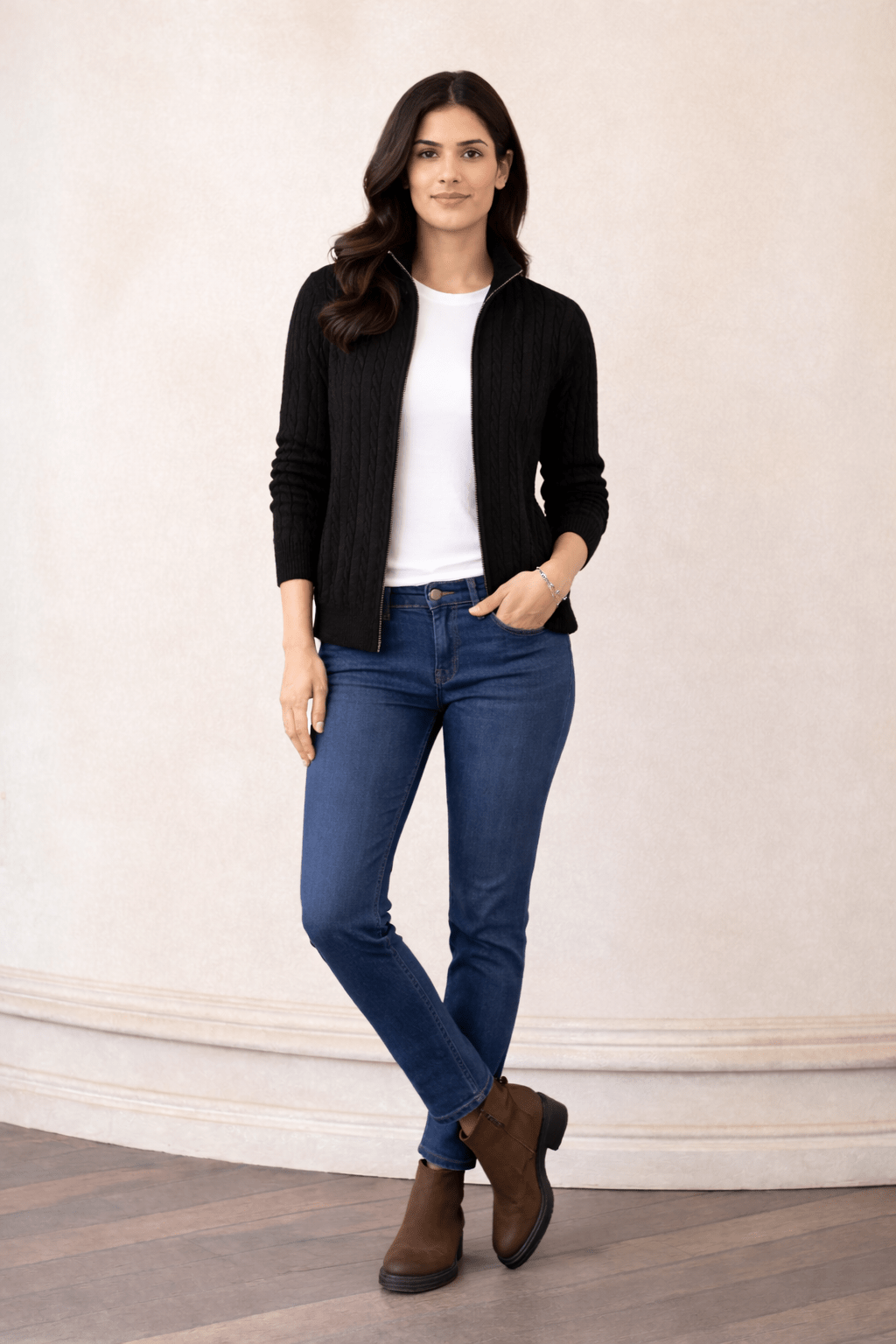 WOMEN CABLE KNIT FULL ZIP CARDIGAN - Aurorafits Official