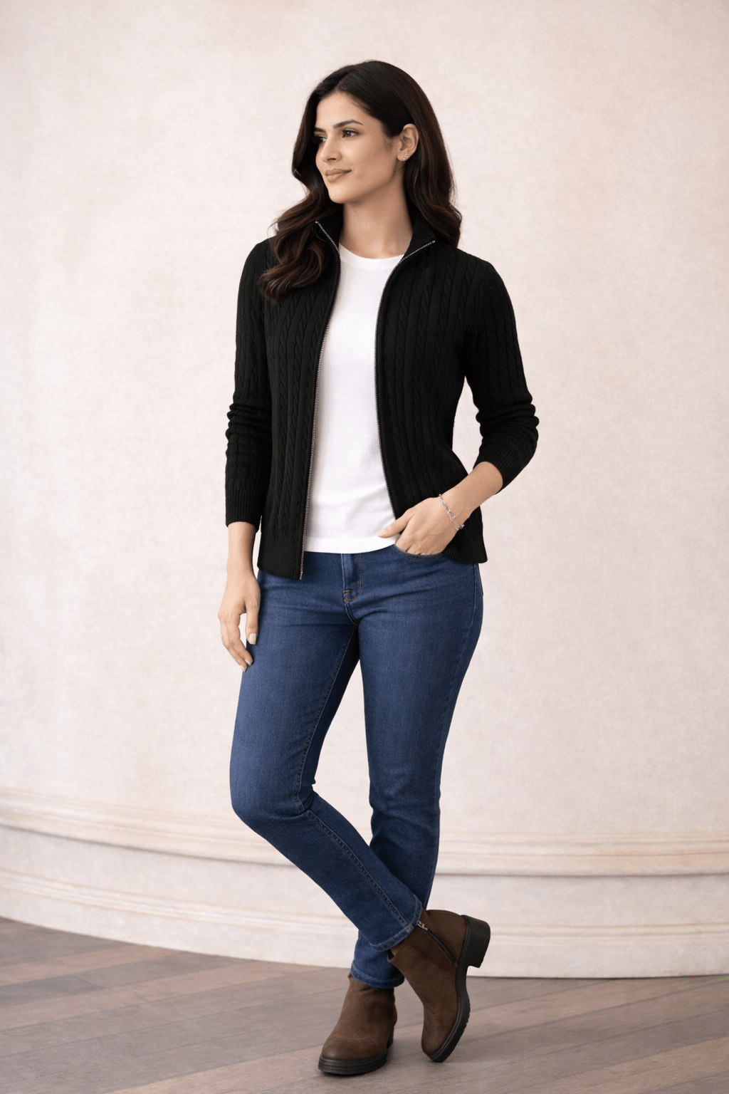 WOMEN CABLE KNIT FULL ZIP CARDIGAN - Aurorafits Official