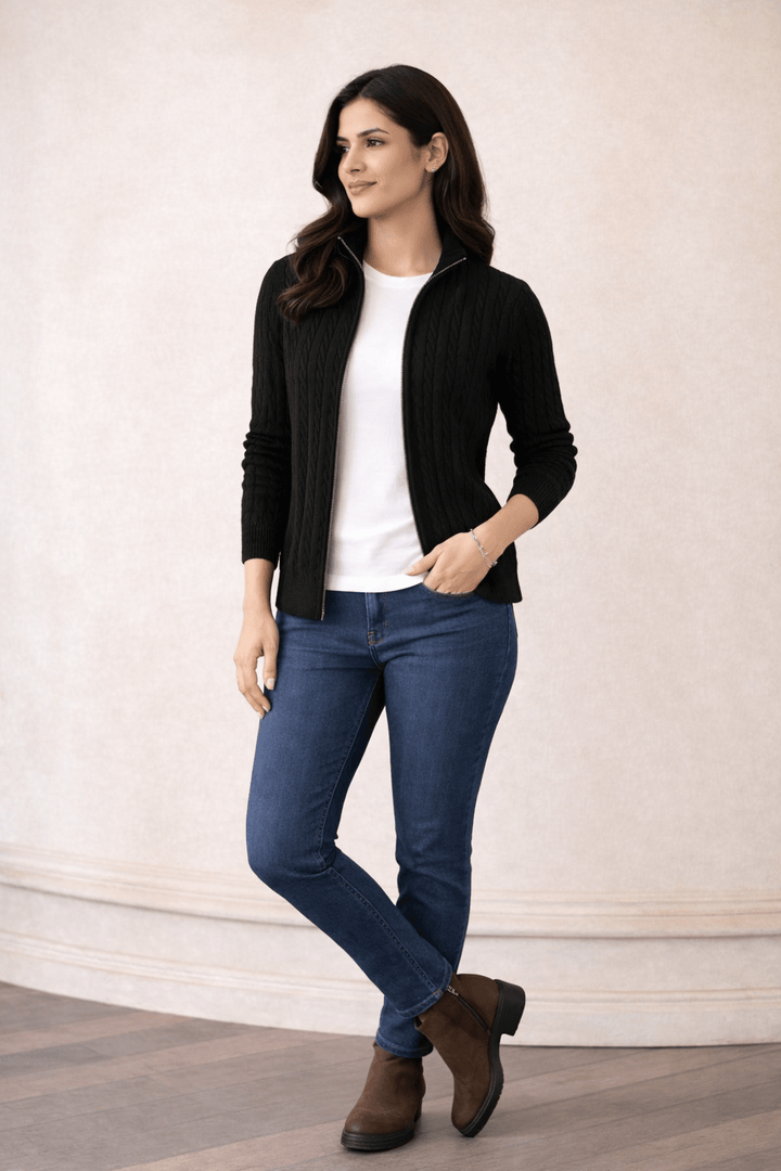 WOMEN CABLE KNIT FULL ZIP CARDIGAN - Aurorafits Official